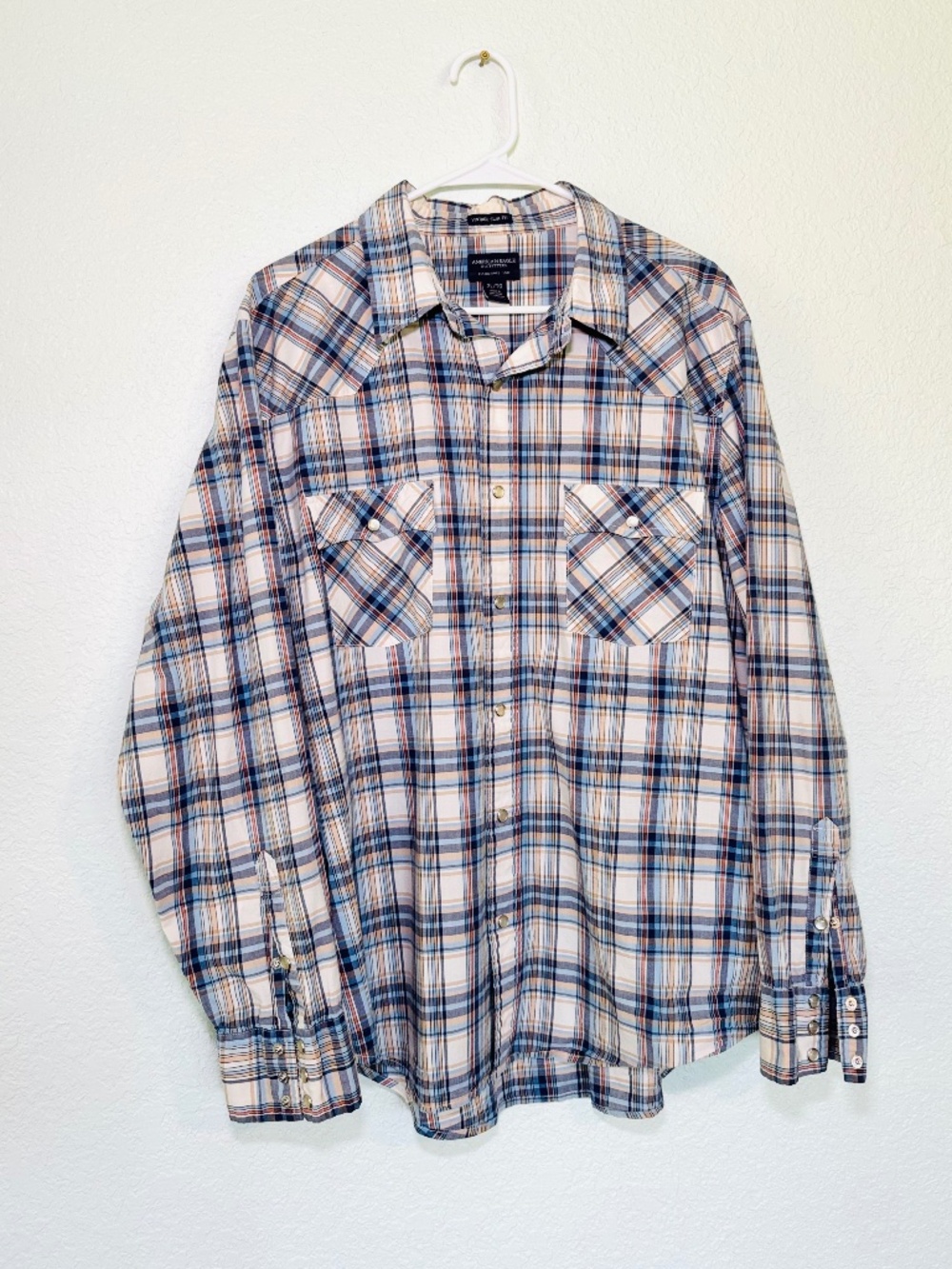 American Eagle Pearl Snap Shirt Men's XL Blue Plaid Western Long Vintage Fit
